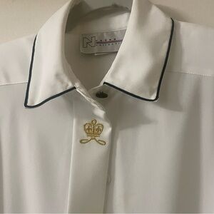 Nygard elegant (Size 12) White Shirt with Black Trim and Gold Crest Embroidery